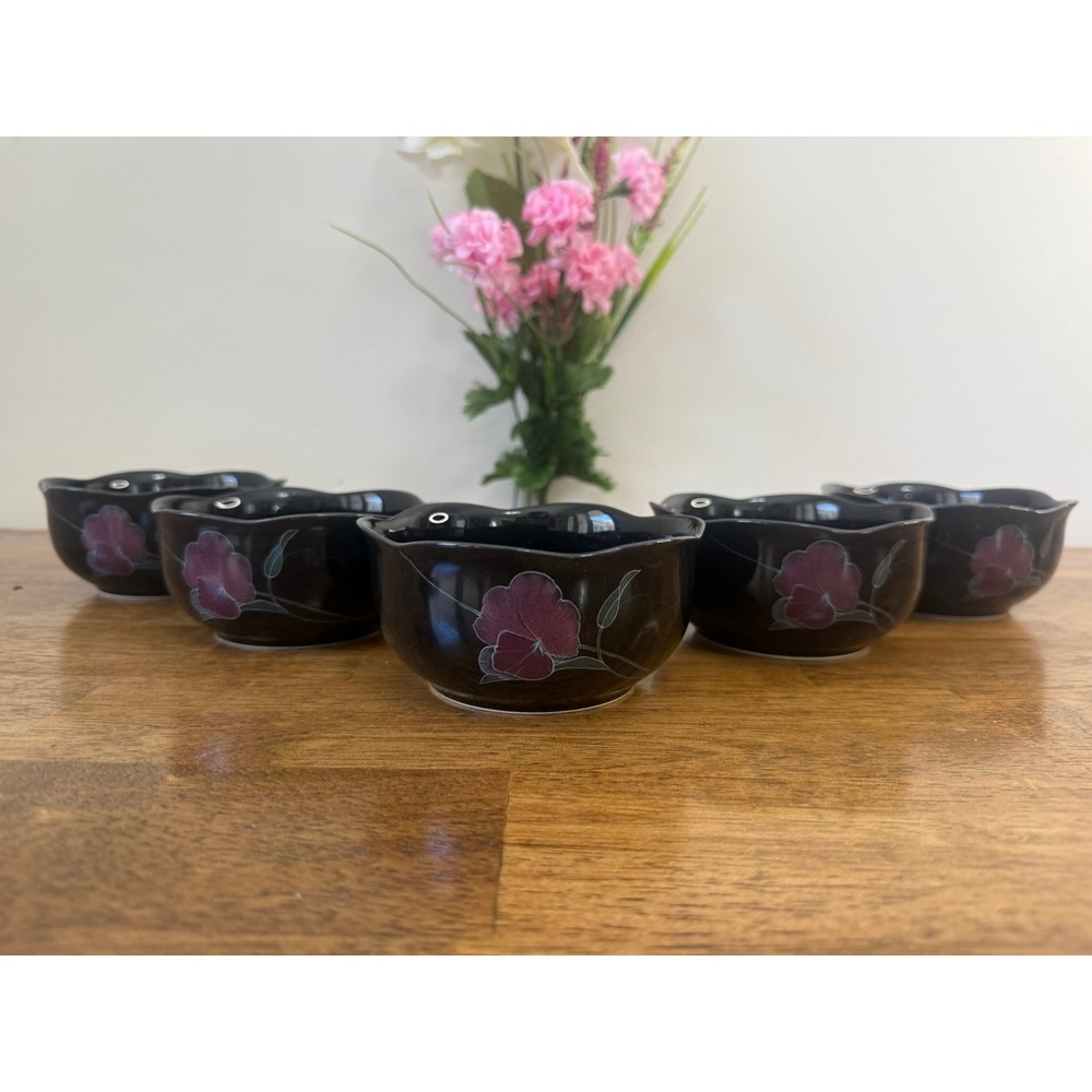 Vintage Mikasa Rondo Tango Bowls 5 Black Floral Soup Cereal Dessert Bowls Japan
